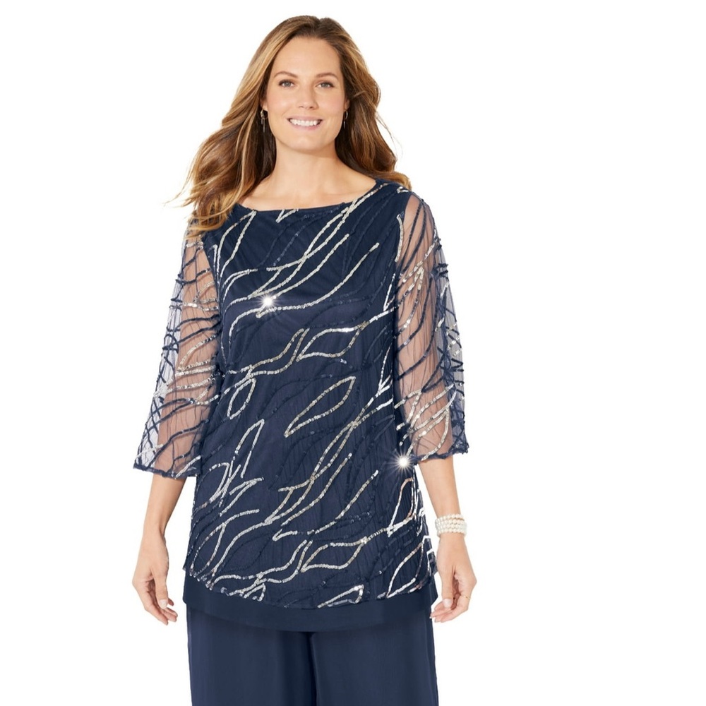 NWOT Catherines‎ Women’s Navy Blue Sequin Chiffon Duet Blouse Plus Size 4X